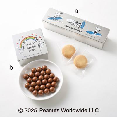 ＜SNOOPY’S SURF SHOP＞a.クッキー缶 b.チョコレート缶