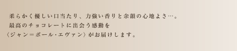 柔らかく優しい口当たり、力強い香りと余韻の心地よさ…。最高のチョコレートに出会う感動を〈ジャン＝ポール･エヴァン〉がお届けします。