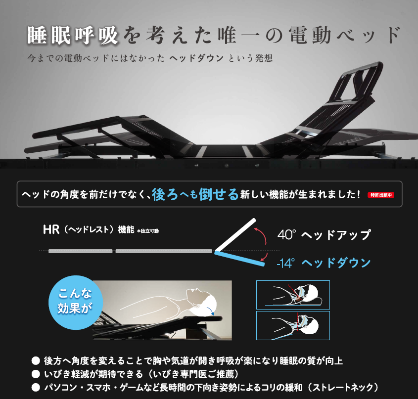 睡眠呼吸を考えた電動ベッド
