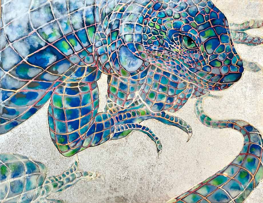 河井眞里枝「マナザシ」　198,000円（雲肌麻紙、岩絵具、銀箔／31.8×41cm）