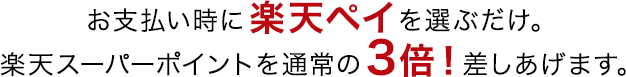 お支払い時に楽天ペイを選ぶだけ。楽天スーパーポイントを通常の3倍！差しあげます。