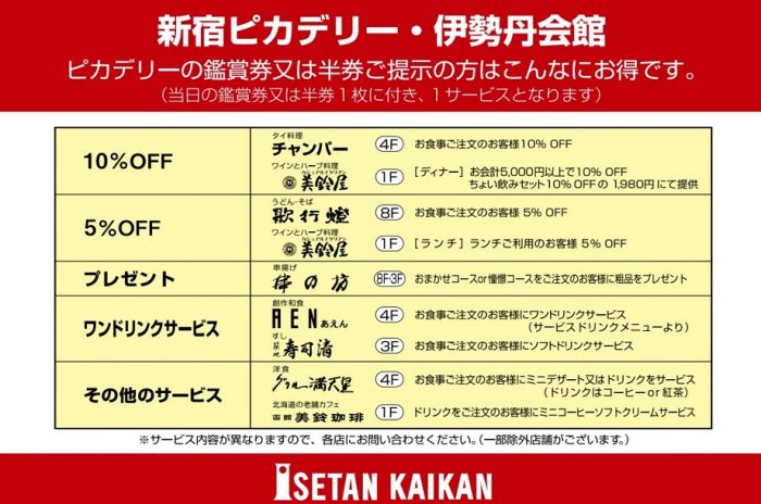 新宿ピカデリーの鑑賞券または半券でお得な情報