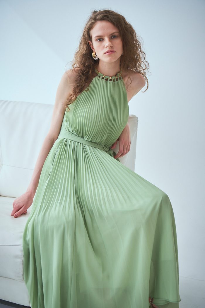 Estella.K エステラケー のPositano Belted long Dressプリントホルターネックティアードドレス(new） COLOR  : WHT x nvy/WHT x grn/WHT×sax/YEL×pnk